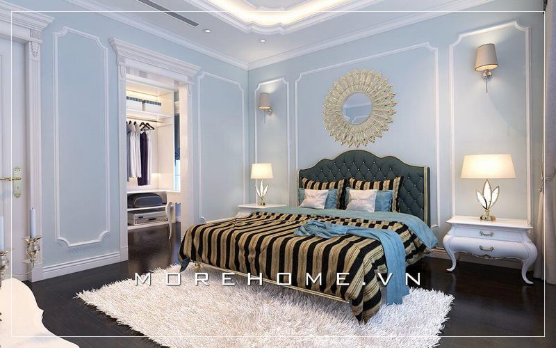 Giường ngủ biệt thự tân cổ điển đầy sang trọng, chất liệu bọc da cao cấp màu xanh ấn tượng tạo điểm nhấn cuốn hút và sang trọng 